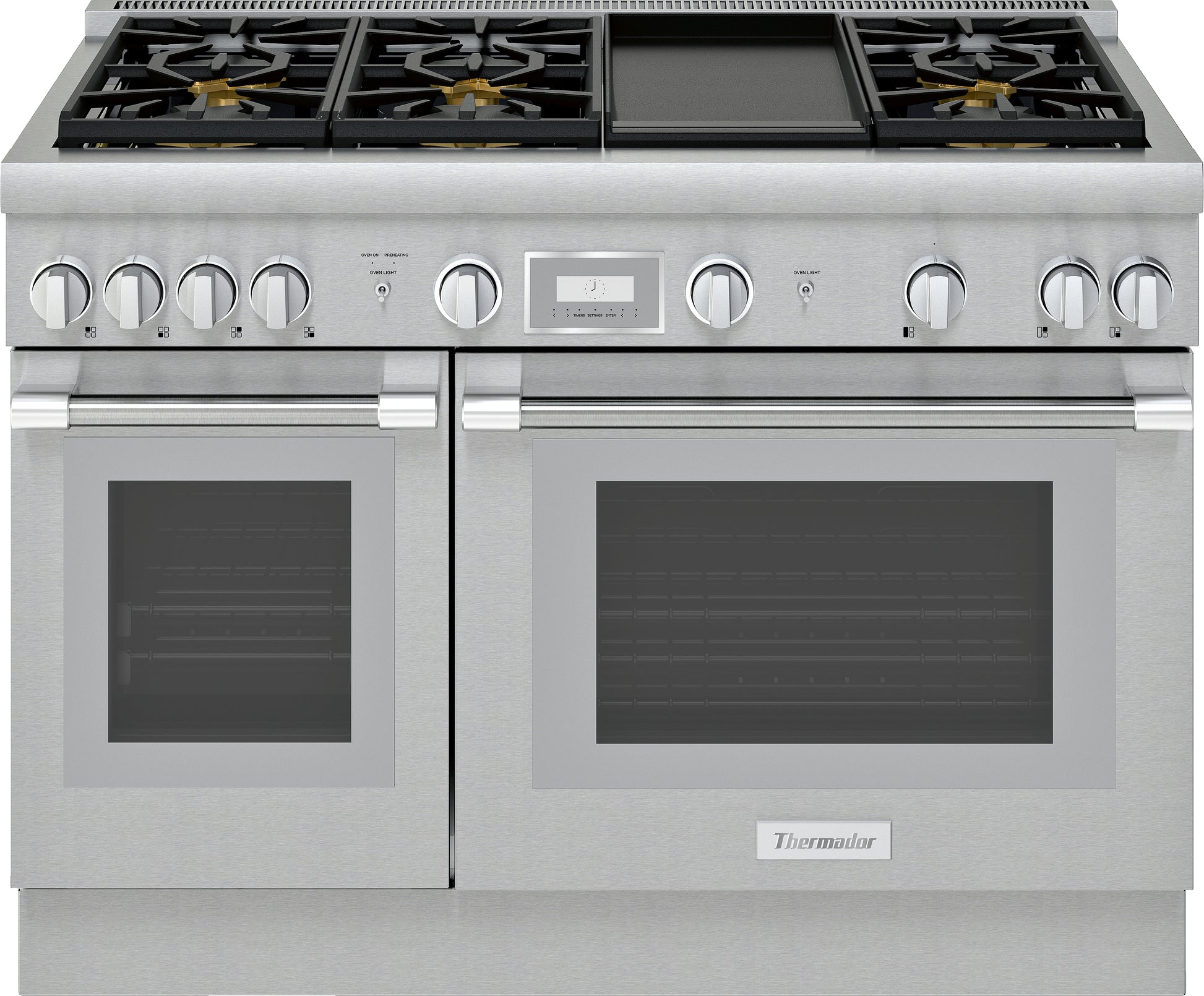 professional-grade stainless steel gas range with dual ovens, multiple burners, and central control panel in kitchen appliances collection