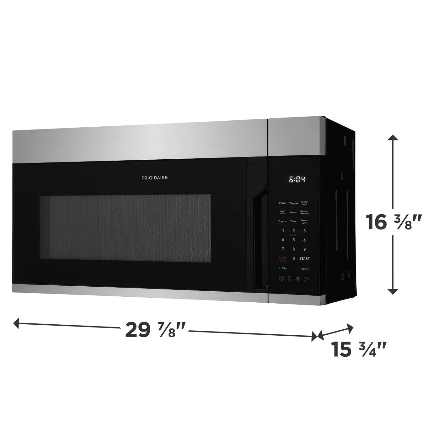 Over-the-range microwave with stainless steel finish, digital control panel, and size dimensions for kitchen appliances.