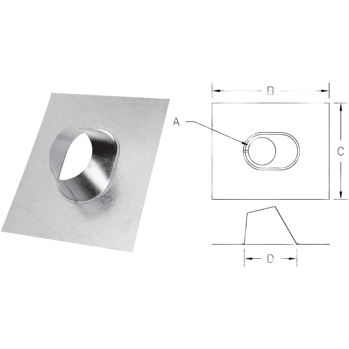 Metal gas vent roof flashing with angled vent pipe and technical drawing for plumbing and home improvement tools collection