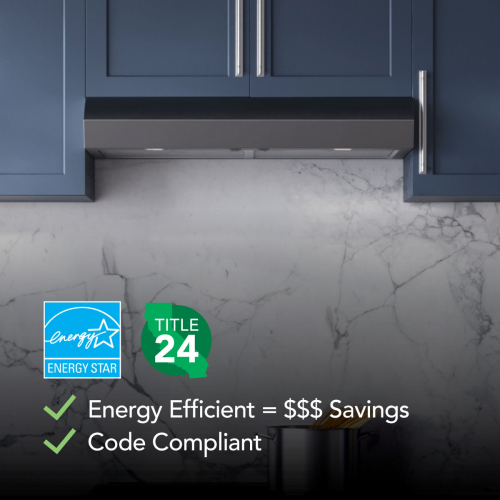 Under-cabinet range hood installed beneath blue kitchen cabinets with marble backsplash in appliances collection