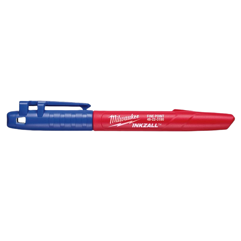 Red Milwaukee fine point jobsite marker with blue cap and clip for tools and home improvement tasks