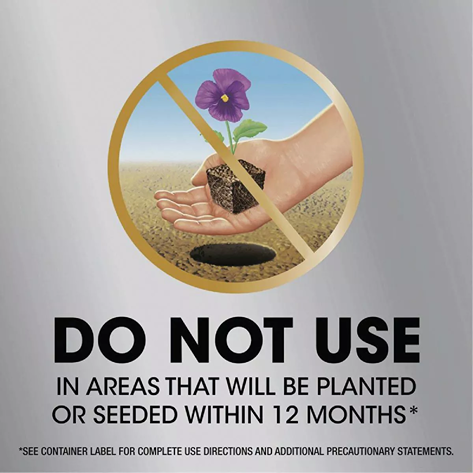 Warning graphic showing not to plant or seed in treated soil for 12 months with weed control product in lawn care collections