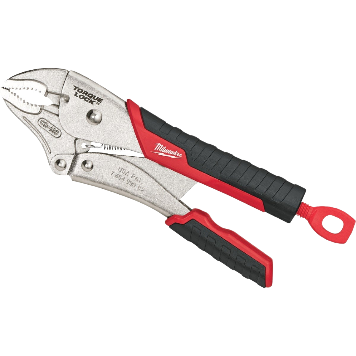Curved jaw locking pliers with red and black grip handles designed for home improvement and tool use