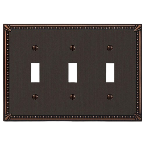 Antique bronze three toggle wallplate with decorative imperial bead border for electrical and toggle wall plate collections