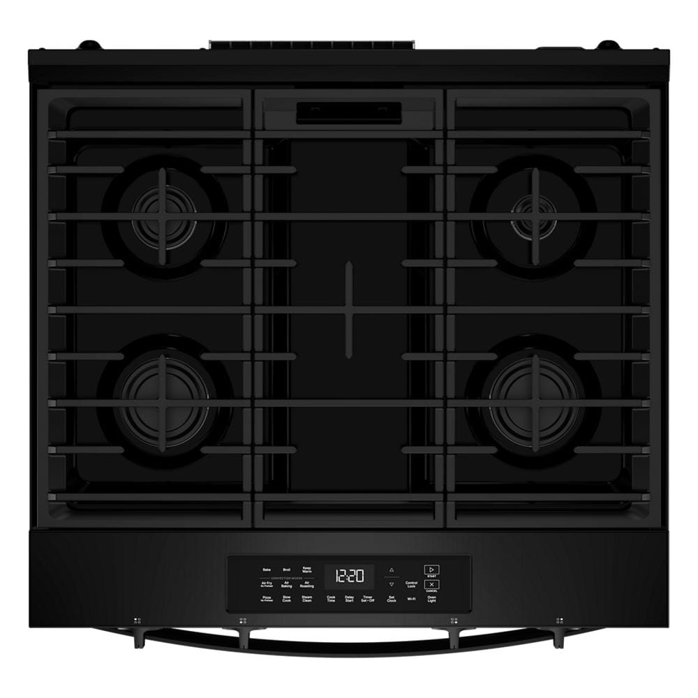 Top-down view of a black 30-inch gas cooktop with four burners and digital control panel, suited for ranges, gas ranges, kitchenware, and appliances collections
