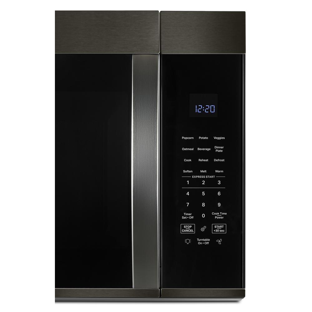 Front view of a sleek black over the range microwave with digital display and sensor cooking controls from microwaves collection