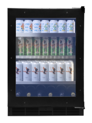 Built-in under-counter beverage center with black frame, glass door, and shelves stocked with assorted canned drinks in kitchenware collections