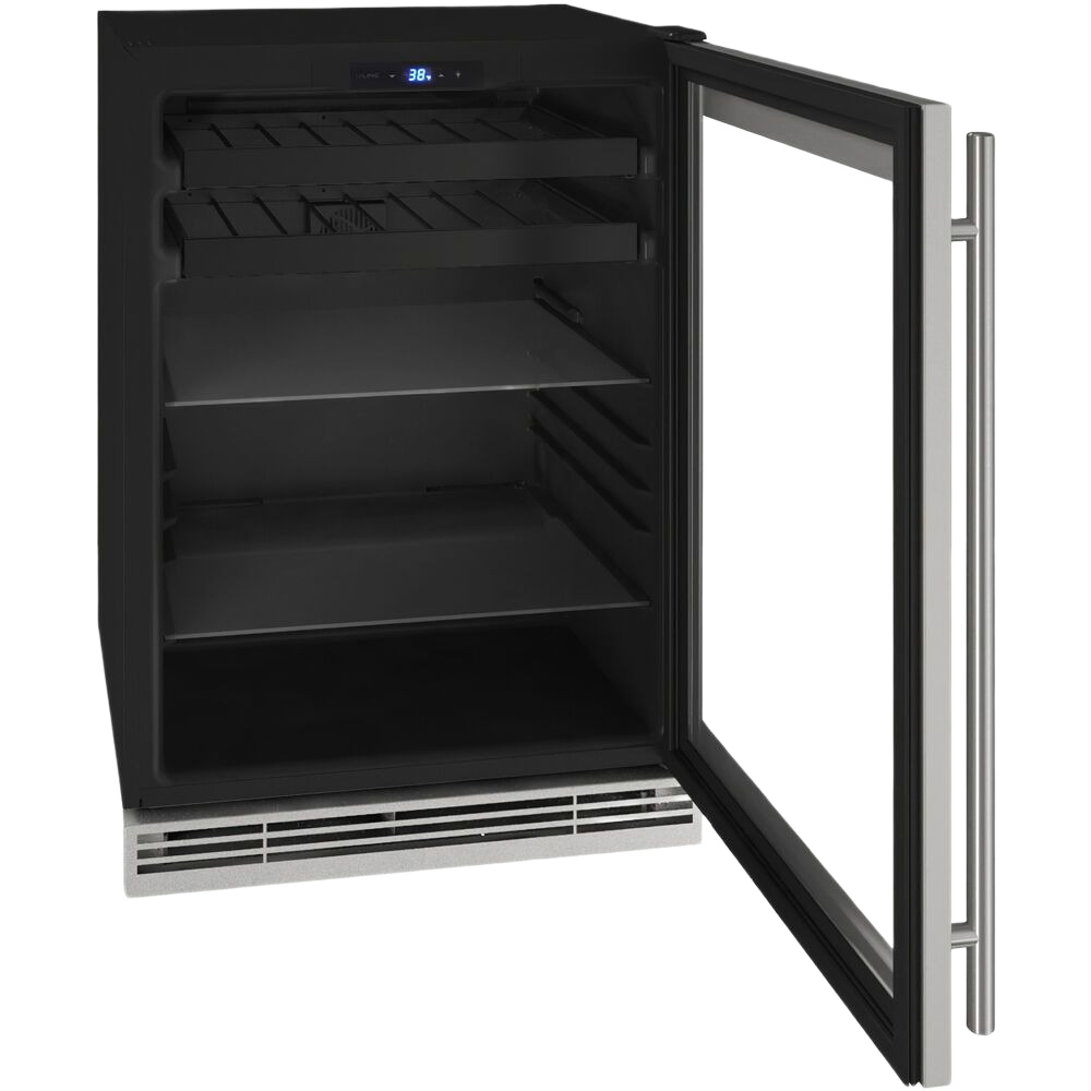 Open Beverage Center 24 with glass door, stainless steel handle, adjustable shelves, and digital temperature display in appliances collection