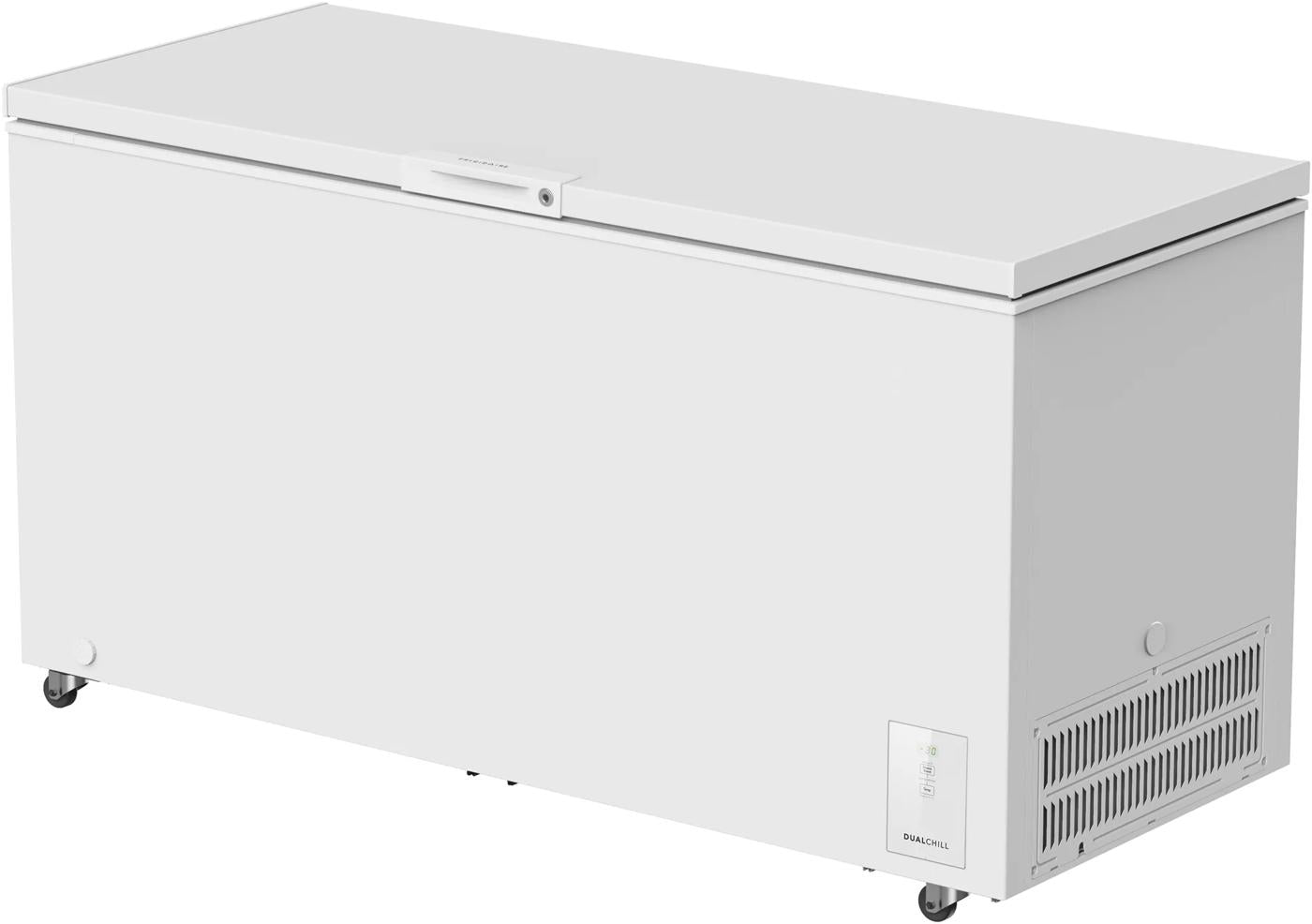 White large-capacity chest freezer with hinged lid, caster wheels for easy movement, control panel on side, suitable for Freezers & Ice Makers, Chest Freezers, Kitchen & Kitchenware, Appliances collections.