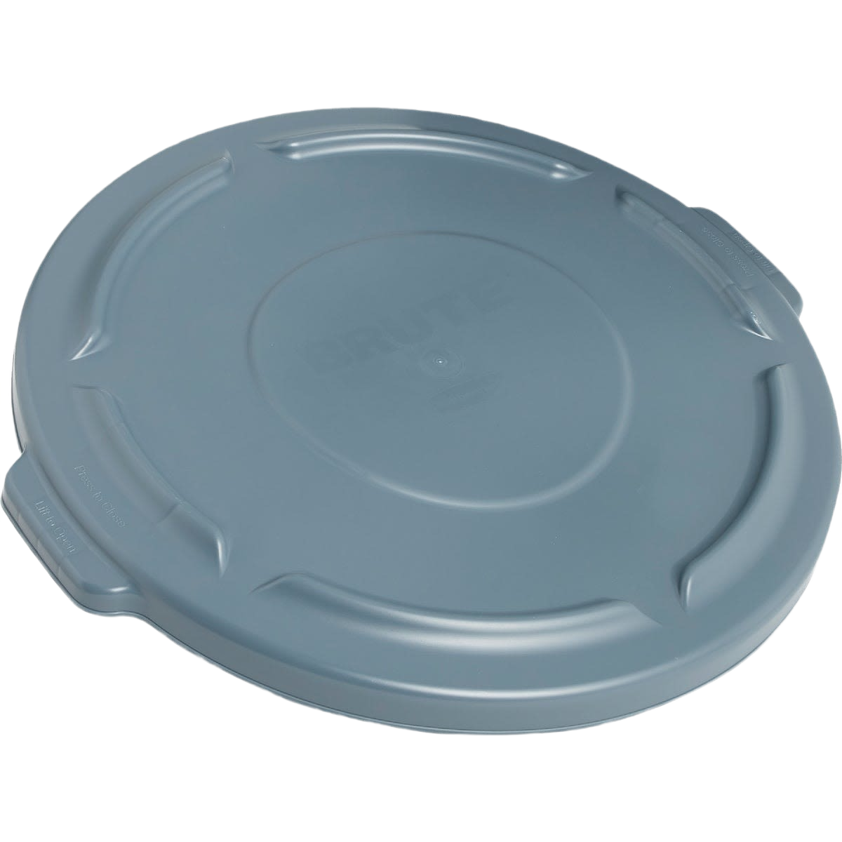 Gray plastic lid for 32-gallon commercial trash can with runoff channels in janitorial supplies collection