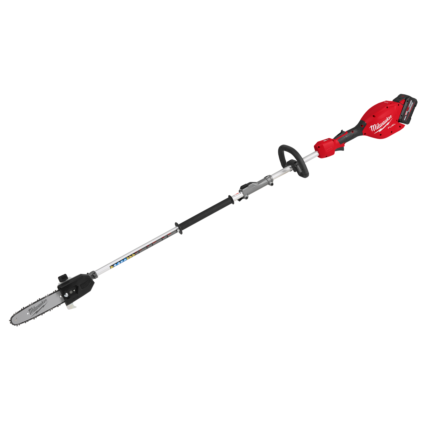 Red and black cordless pole saw with extendable shaft and Quik-Lok attachment for home improvement and outdoor tools use