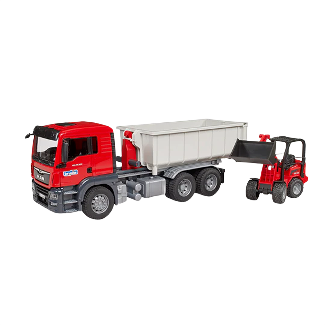 Red MAN truck with detachable roll-off container and small loader for realistic construction and tools play activities