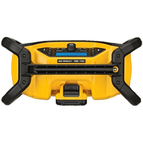Top view of a yellow and black cordless Bluetooth jobsite radio with rugged handles and digital display for tools and home improvement