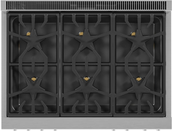 Top view of stainless steel gas professional range featuring patented star-shaped burners and cast iron grates