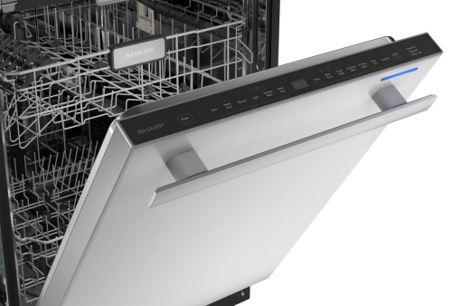 Partially open stainless steel dishwasher door revealing adjustable racks with controls lit from Kitchen & Kitchenware collection