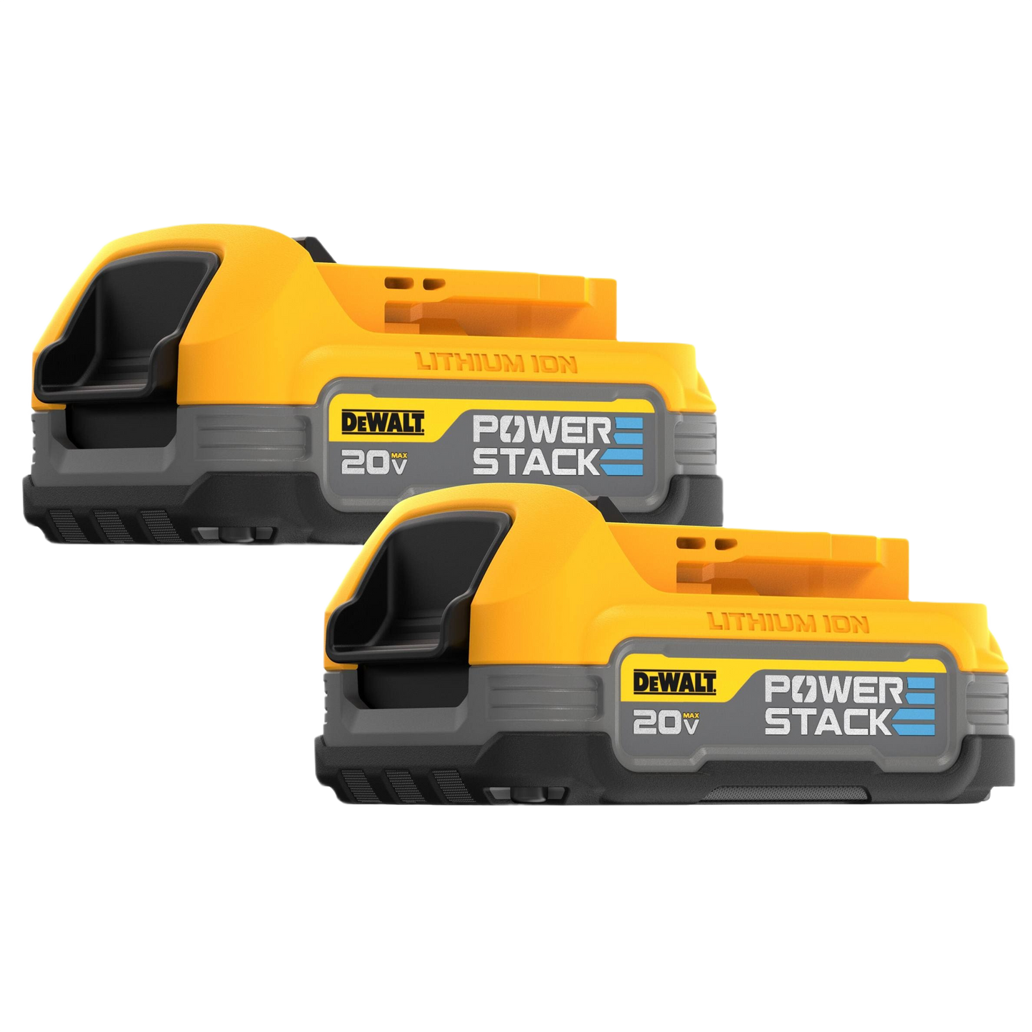 Pair of yellow and black compact lithium ion batteries with 20V power stack design for tools and home improvement use
