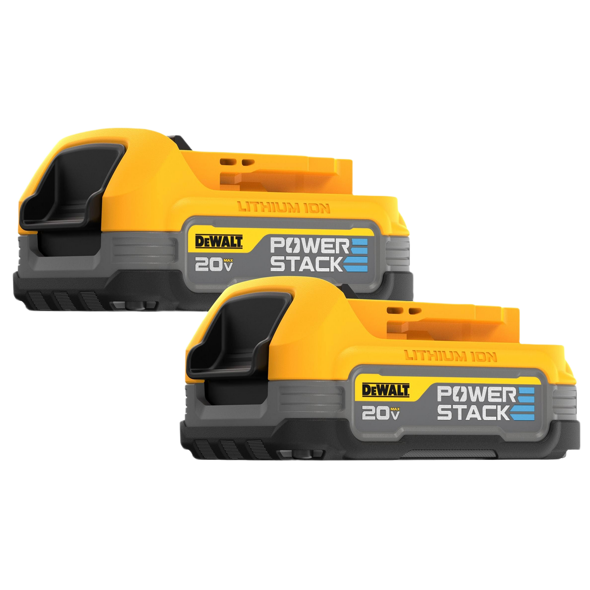 Pair of yellow and black compact lithium ion batteries with 20V power stack design for tools and home improvement use
