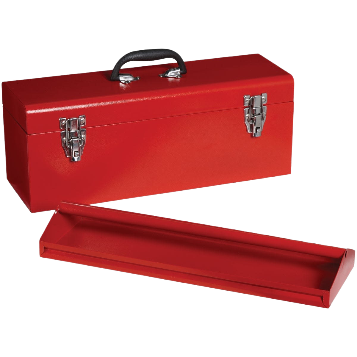 Red metal toolbox with removable tray and sturdy latch closures for organized tool storage in workshop organization collections