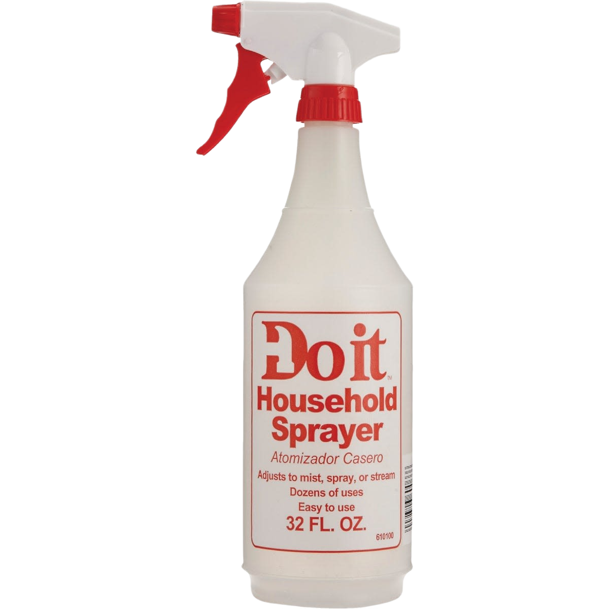 White plastic spray bottle with red trigger and adjustable nozzle for mist, spray, or stream in home improvement use