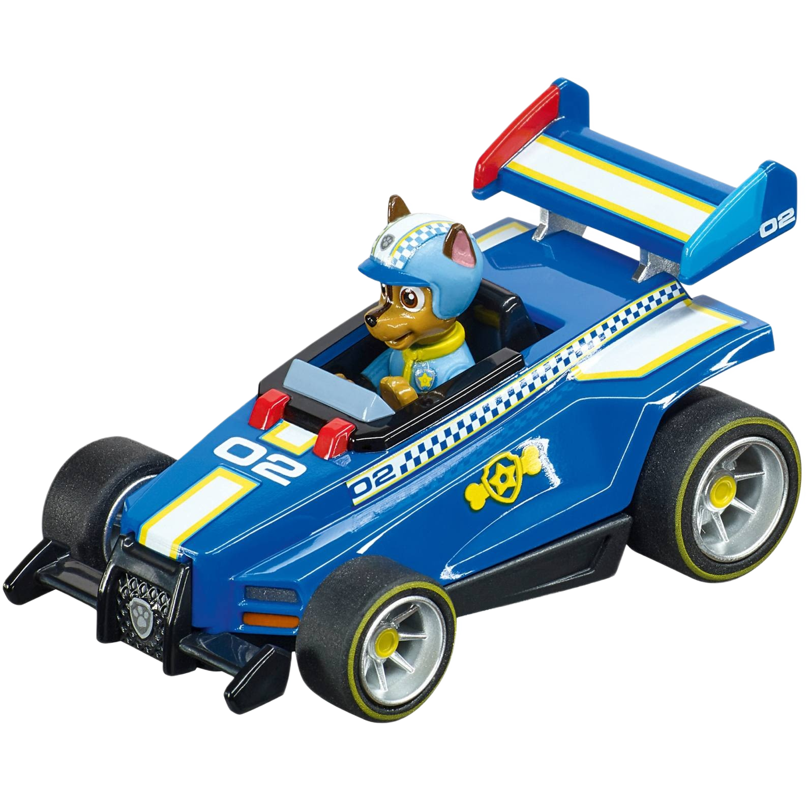 Blue 1:43 scale slot car featuring a dog character in racing gear for collectible and play purposes