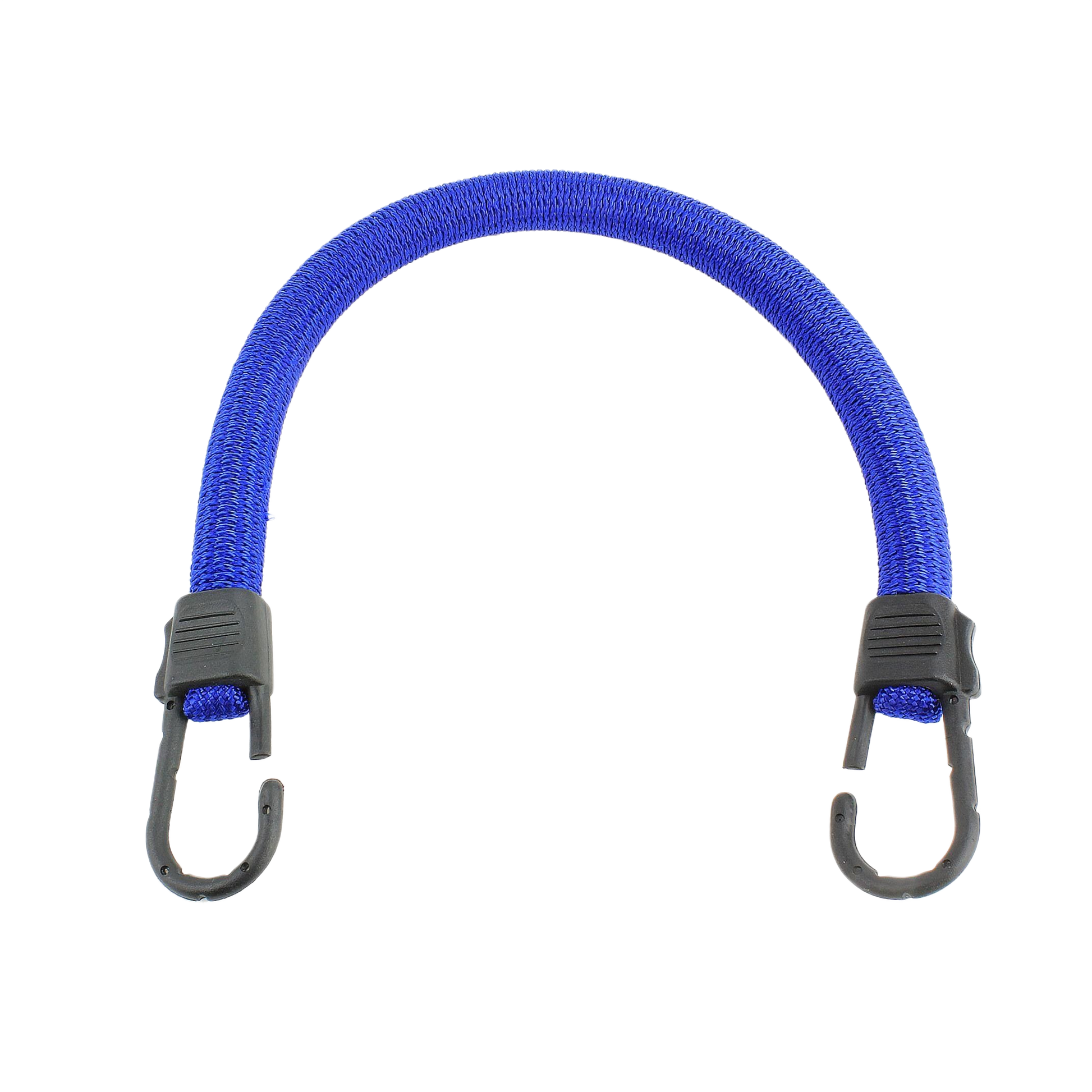 Blue elastic cord with black plastic hooks on both ends for versatile use in tools and home improvement projects
