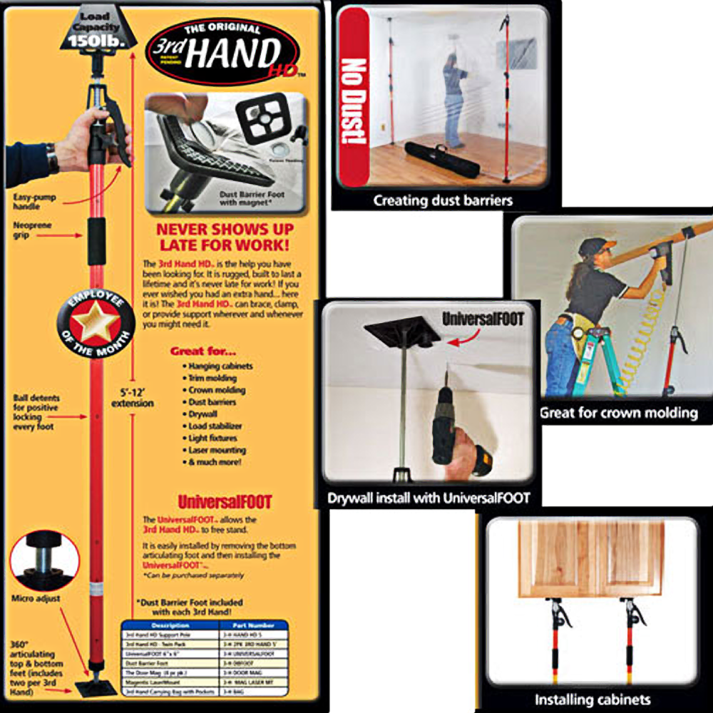 Adjustable support pole with neoprene grip and dust barrier foot for drywall, cabinet, and crown molding tasks in home improvement