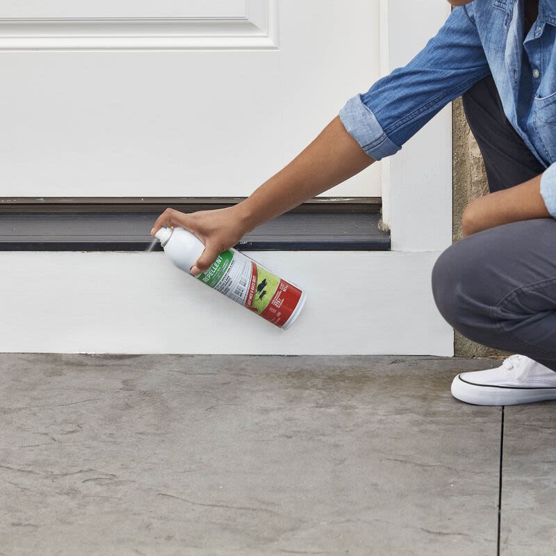 Person using rodent repellent spray along exterior door step to prevent animal entry from Lawn & Garden collection