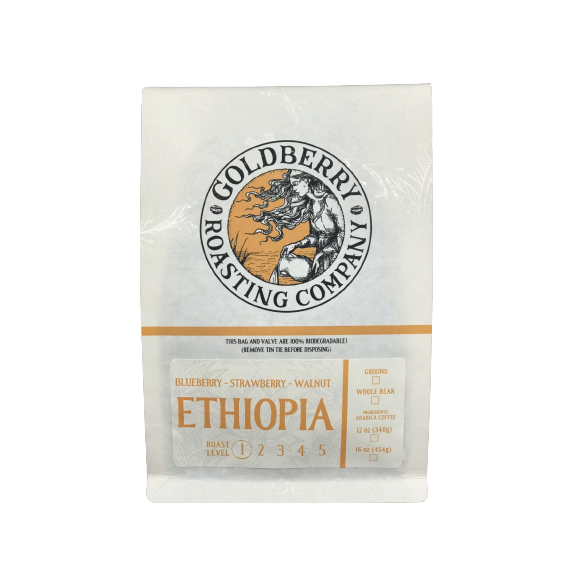 White biodegradable coffee bag with Goldberry Roasting Company logo and Ethiopia whole bean coffee info for Food & Beverage collection under $50