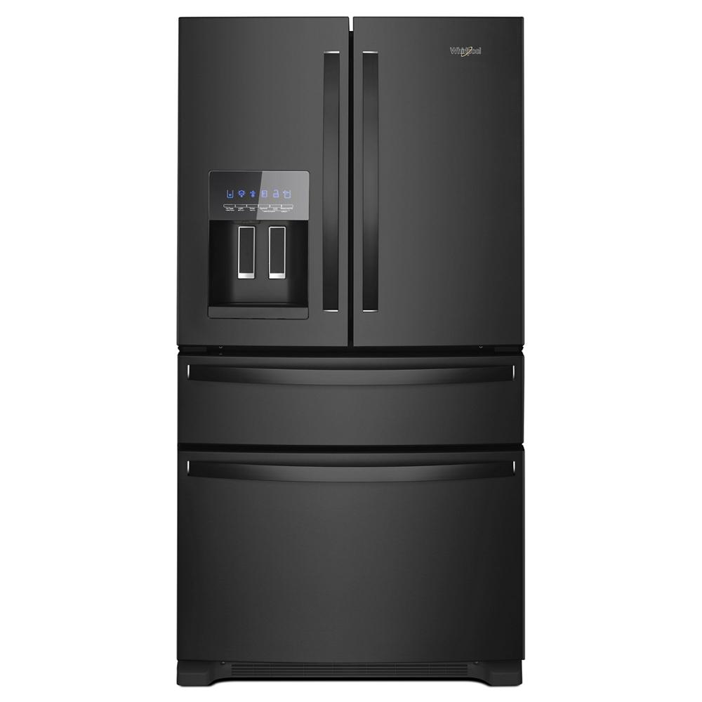 Matte black French door refrigerator with bottom freezer drawers and external water dispenser in kitchen appliances collection