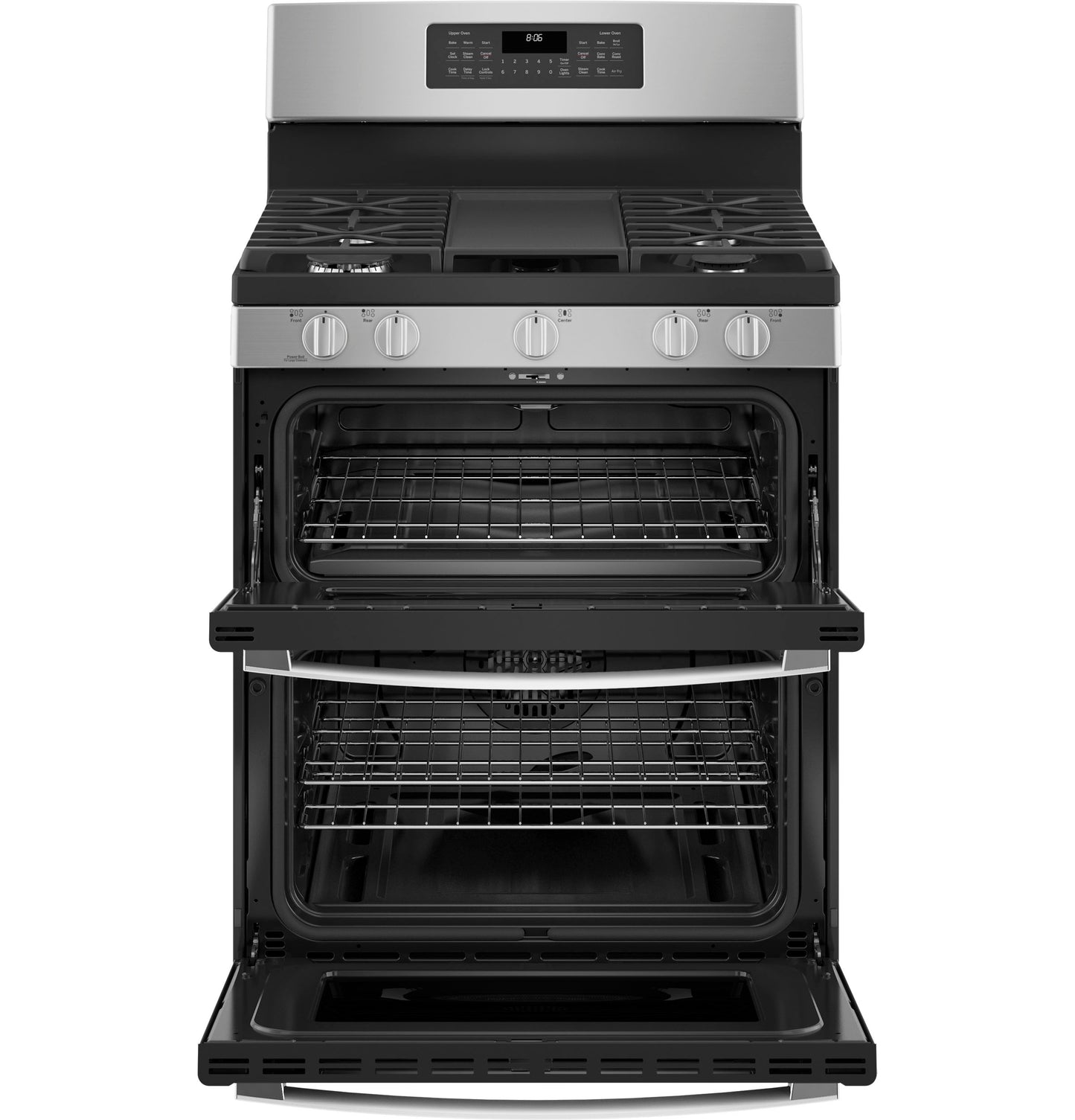 Open double oven gas range with convection feature and control panel, part of Ranges and Kitchen & Kitchenware collections