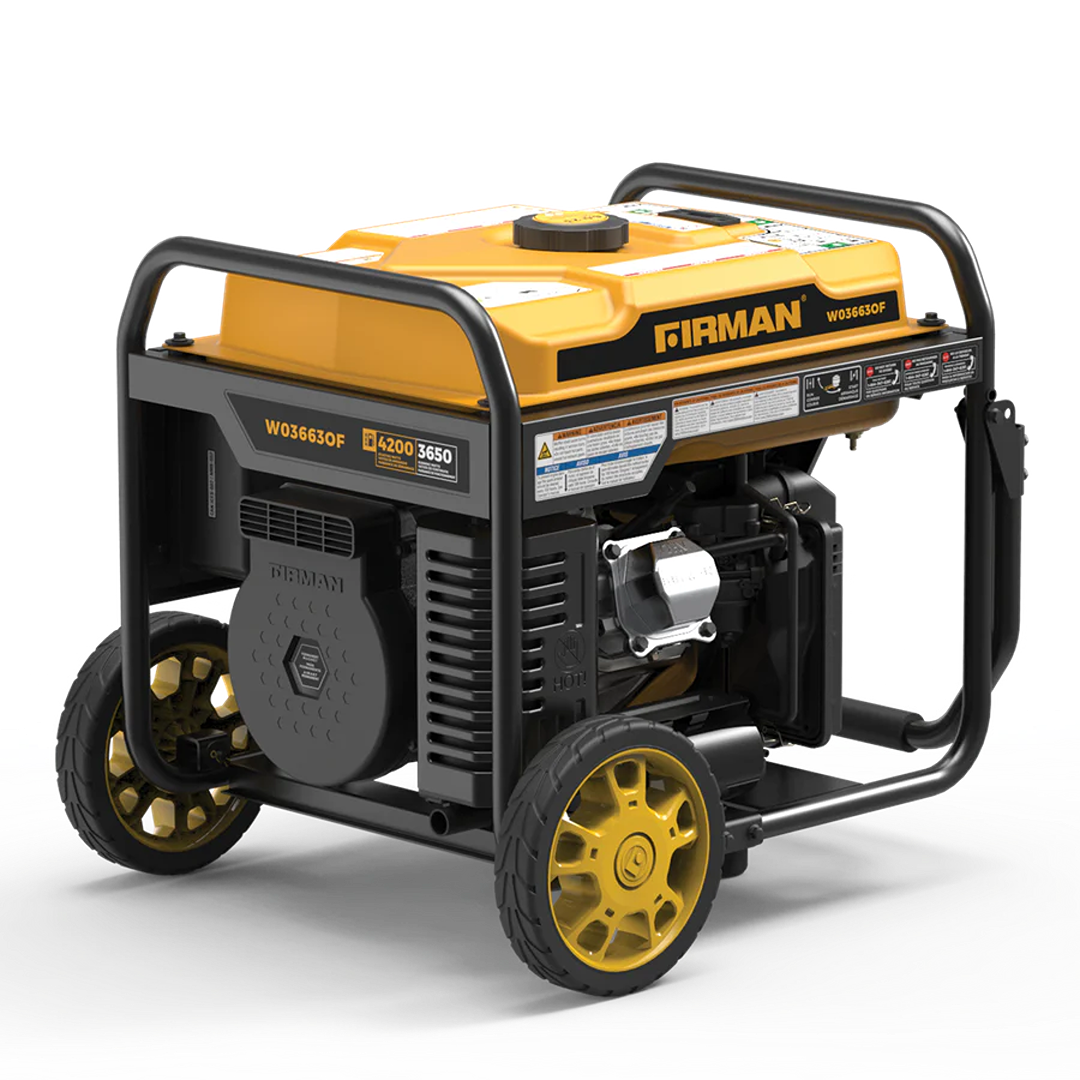 Yellow and black open frame portable generator with wheels and control panel for tools and home improvement use