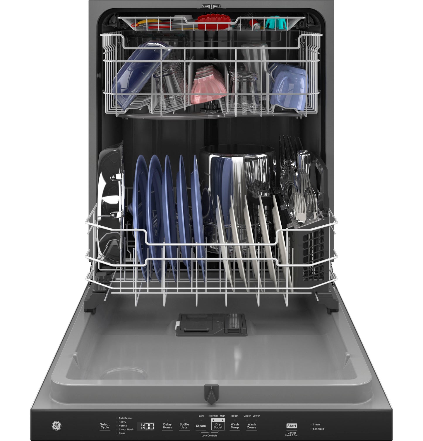 Open dishwasher with loaded top and bottom racks showing plates, glasses, and silverware in appliances collection