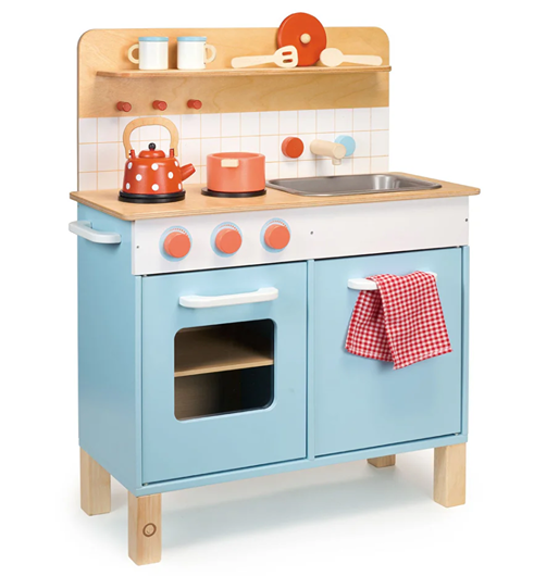 Wooden play kitchen in blue and natural wood tones with toy pots, kettle, and utensils for pretend play toys collection