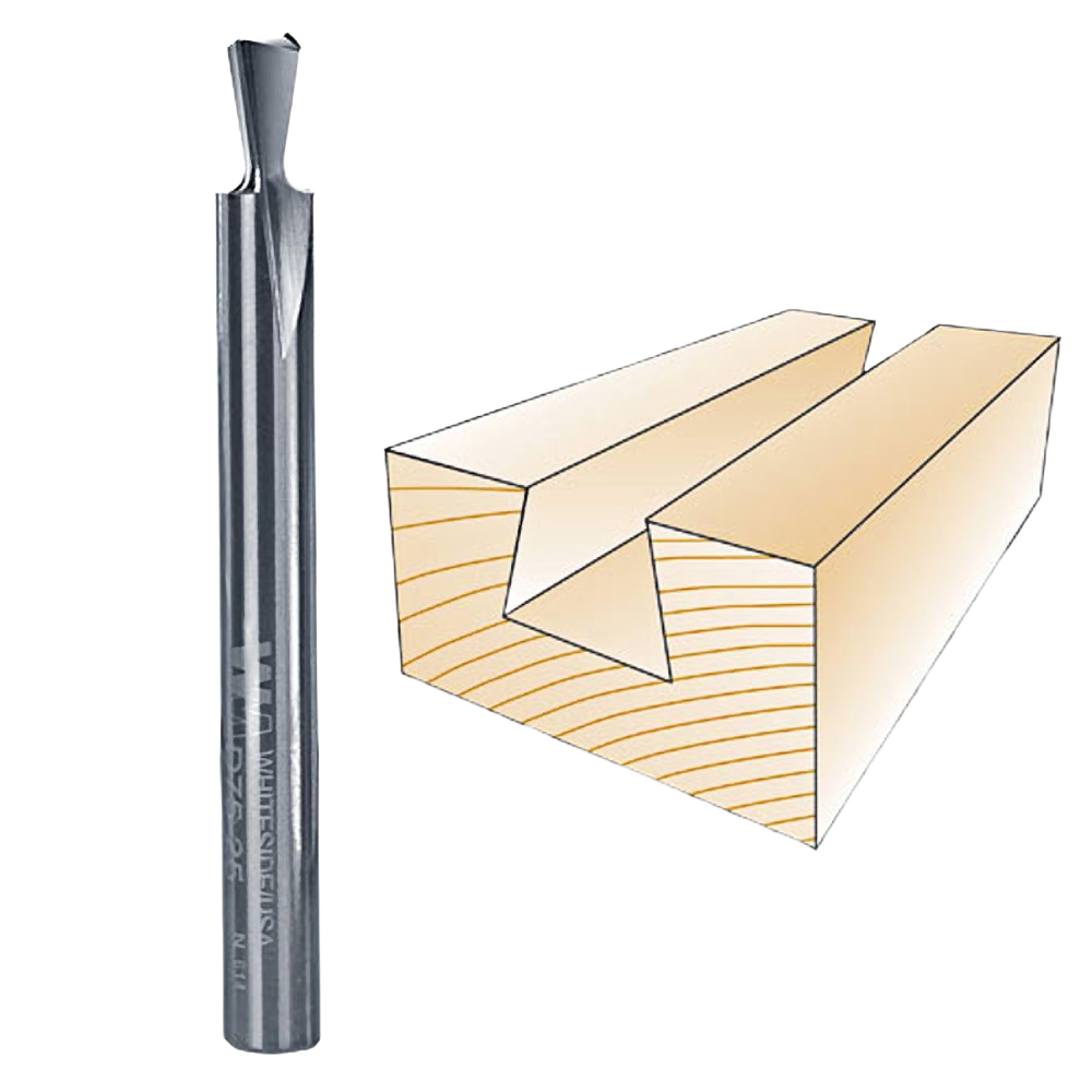 Solid carbide dovetail router bit with two flutes alongside an illustrated wood joint for tool accessories and home improvement