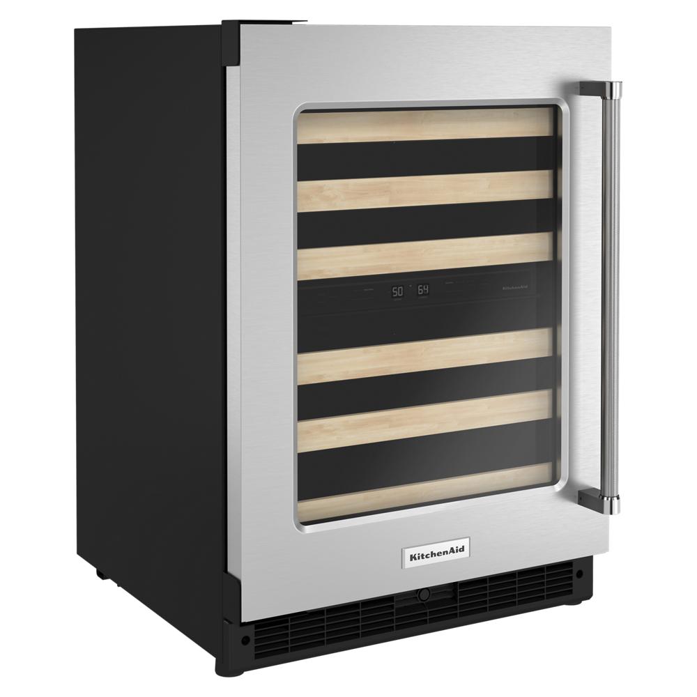 Undercounter wine cellar with glass door, wood-front racks, and digital temperature display in KitchenAid Appliances collection