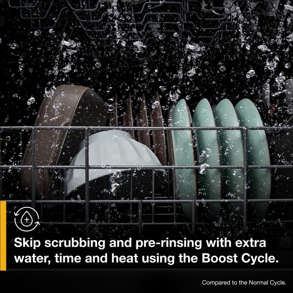 Inside view of a dishwasher spraying water on plates, bowls during an intensive cleaning cycle from dishwashers collection