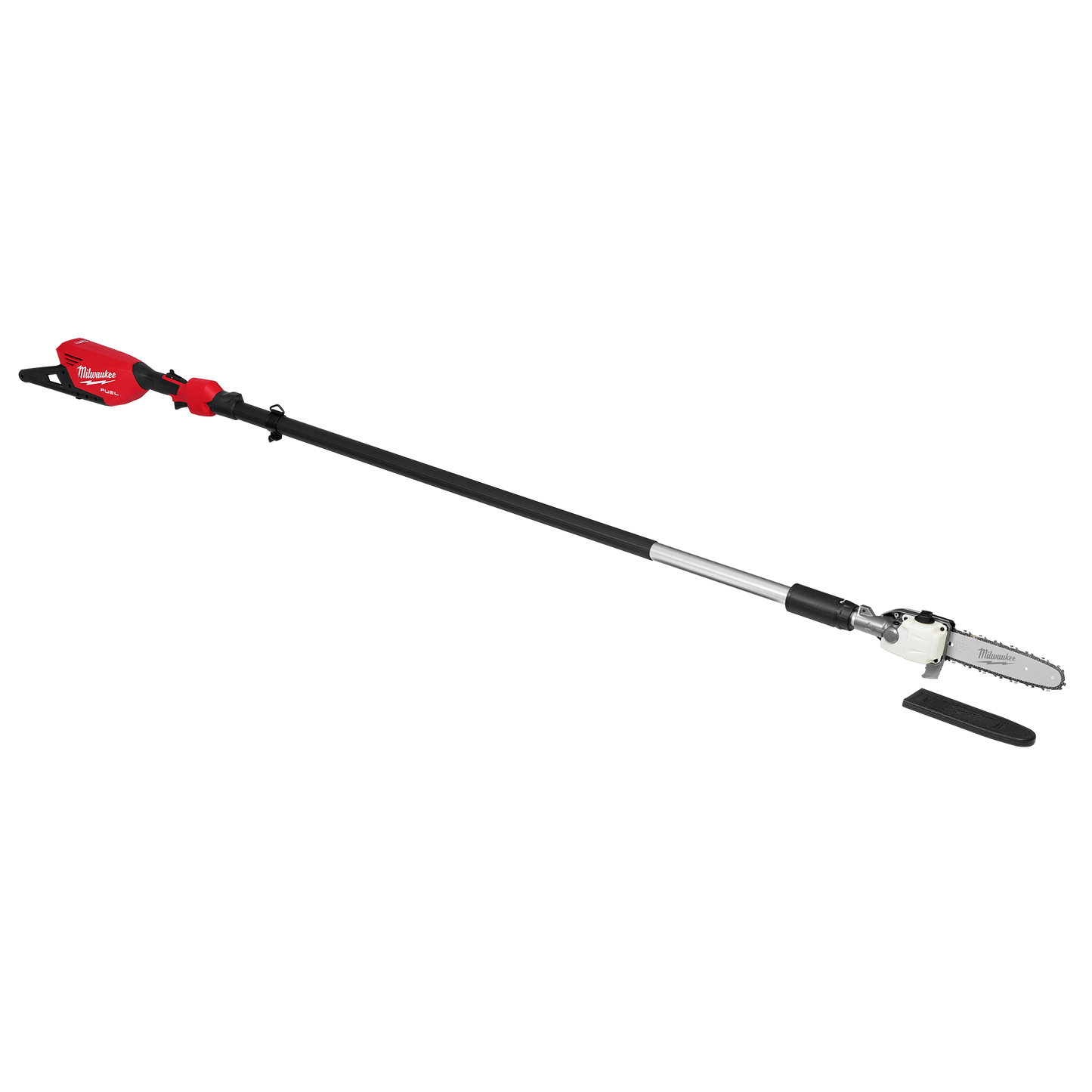 Red and black cordless telescoping pole saw with extendable shaft for tree trimming and home improvement tasks