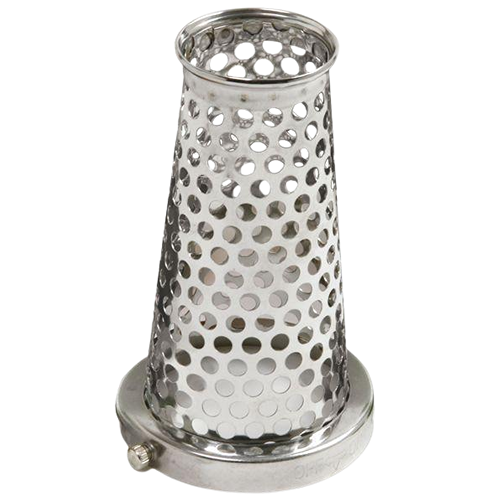 Conical stainless steel screen with circular perforations and adjustable clamp for kitchen use and home improvement tools