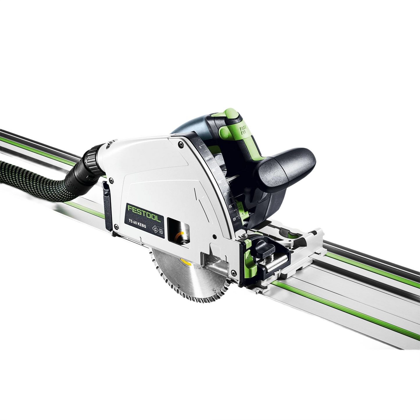 Corded plunge cut track saw with precision guide rail for woodworking and home improvement power tools