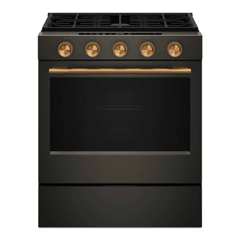 Front view of black smart slide-in gas range with brass knobs and handle from Ranges and KitchenAid collections