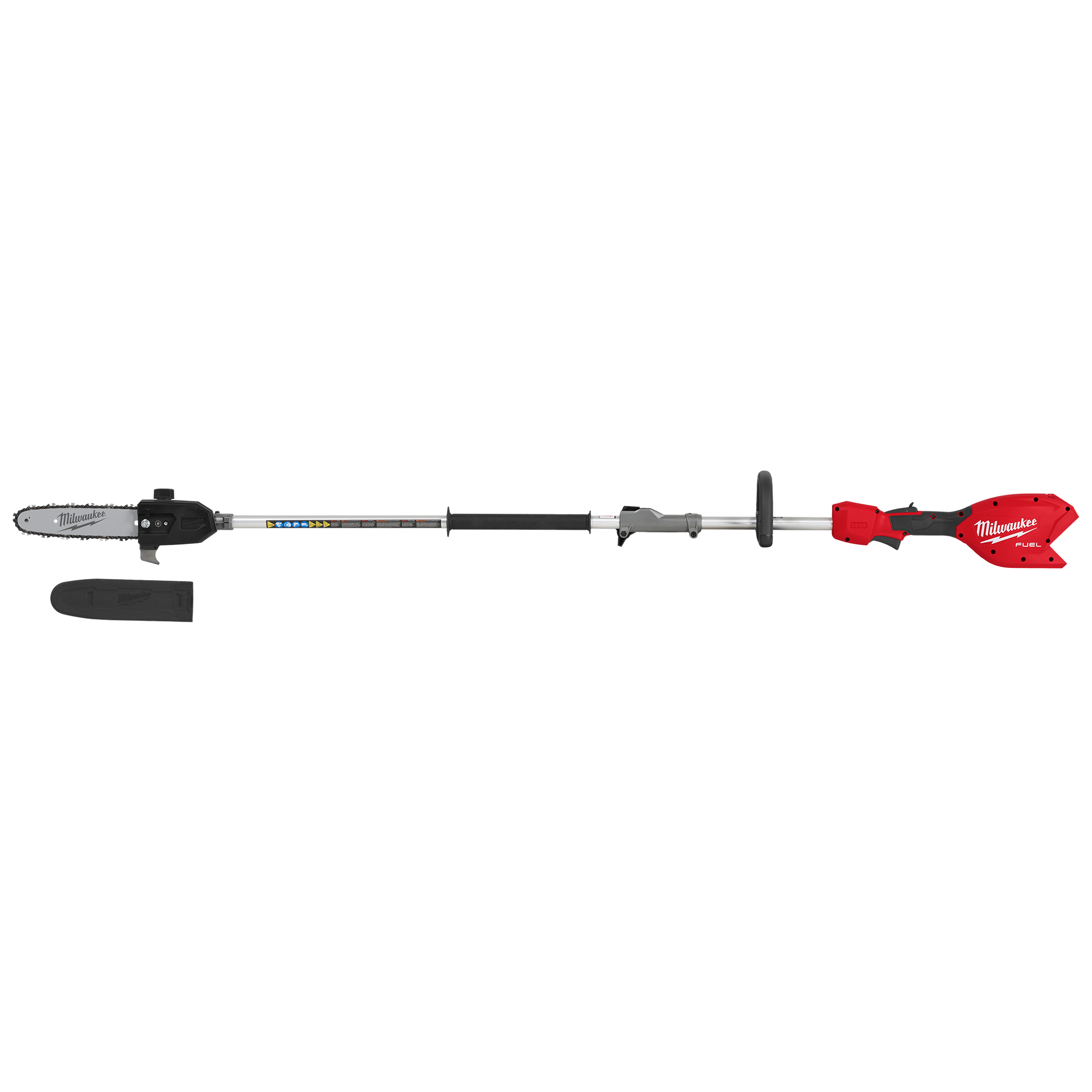 Cordless 10-inch pole saw with red body and adjustable silver extension for outdoor tree trimming in home improvement tasks