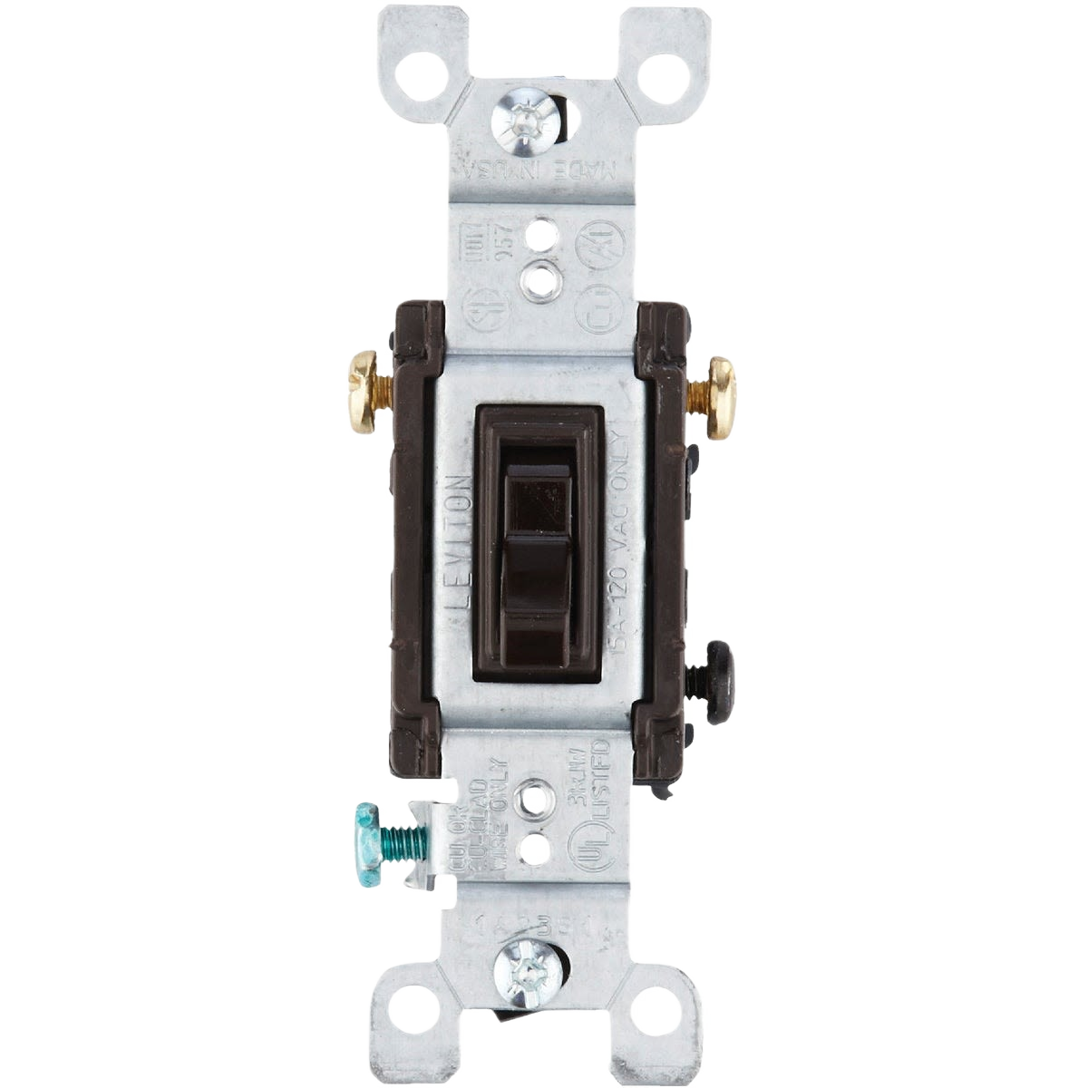 Brown toggle 3-way electrical switch with metal mounting plate for home improvement and wiring projects