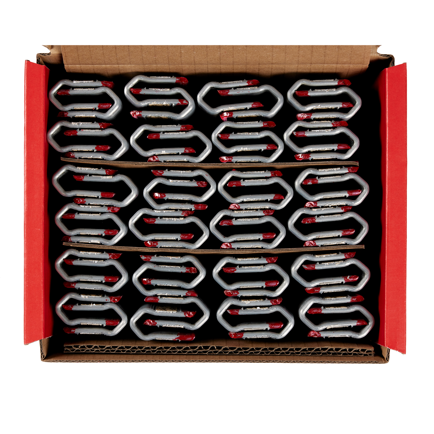 Box of galvanized steel 9 gauge staples with red tips, organized for reliable use in tools and home improvement projects