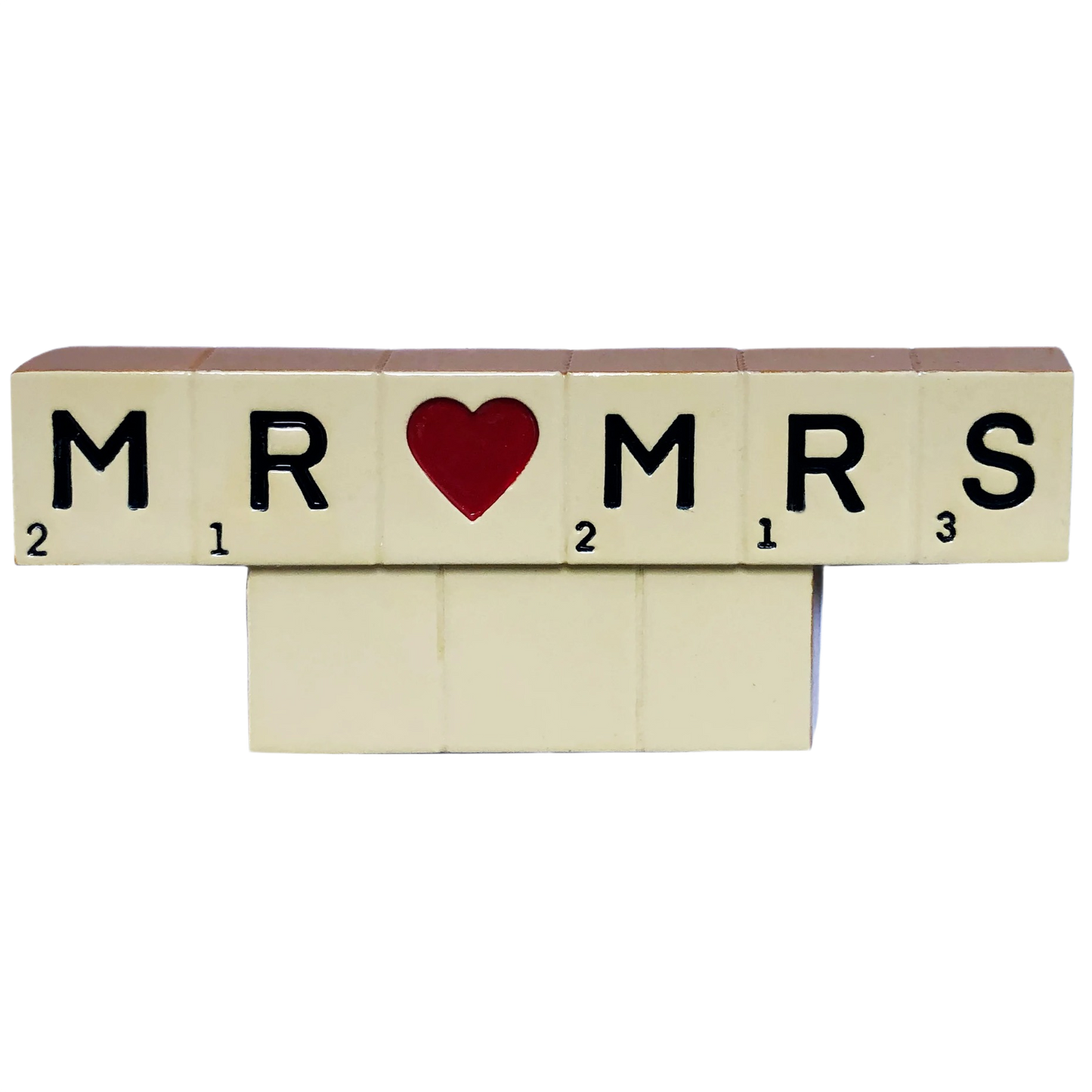 Scrabble-style letter tiles spelling MR and MRS with red heart centerpiece in Christmas Ornaments & Tree Decorations collection