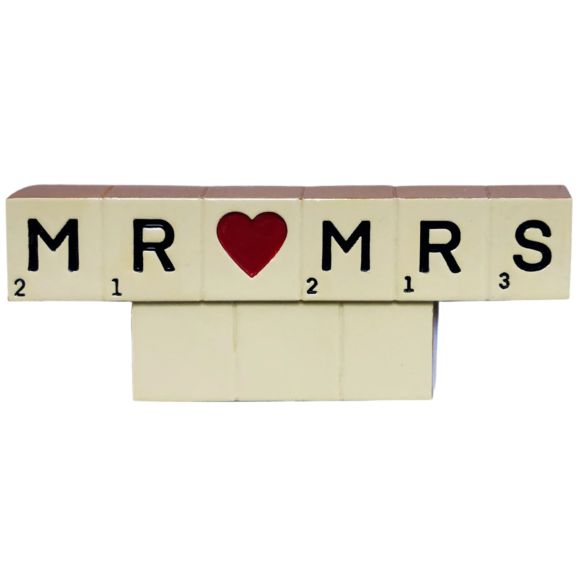 Scrabble-style letter tiles spelling MR and MRS with red heart centerpiece in Christmas Ornaments & Tree Decorations collection