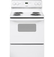 white 30-inch free-standing electric range with four coil burners and oven for kitchen and home appliances use