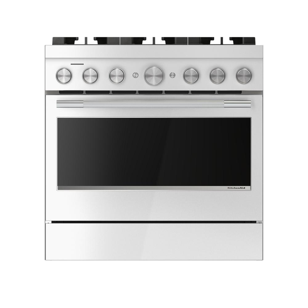 Front view of a stainless steel 36-inch gas range with six burner control knobs and a large oven door, part of Ranges and Gas Ranges collections.