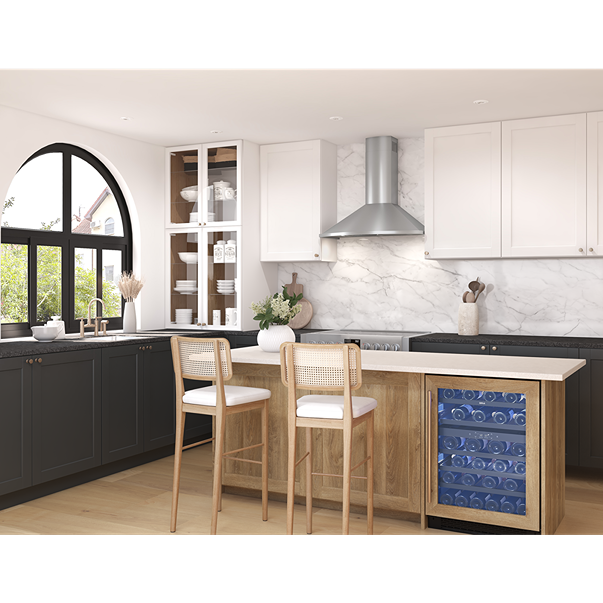 Modern kitchen with stainless steel chimney hood above stove, black lower cabinets, marble backsplash, and a wine cooler in Appliances collection