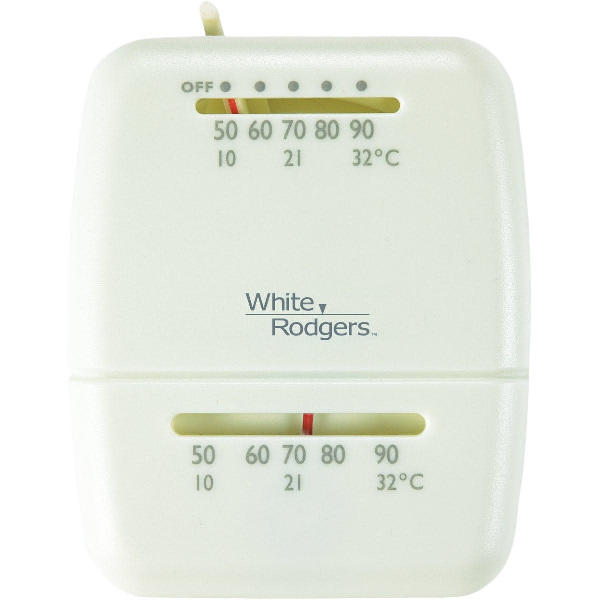 Compact white mechanical thermostat with temperature scale in Fahrenheit and Celsius for home plumbing and tools under $50 collection