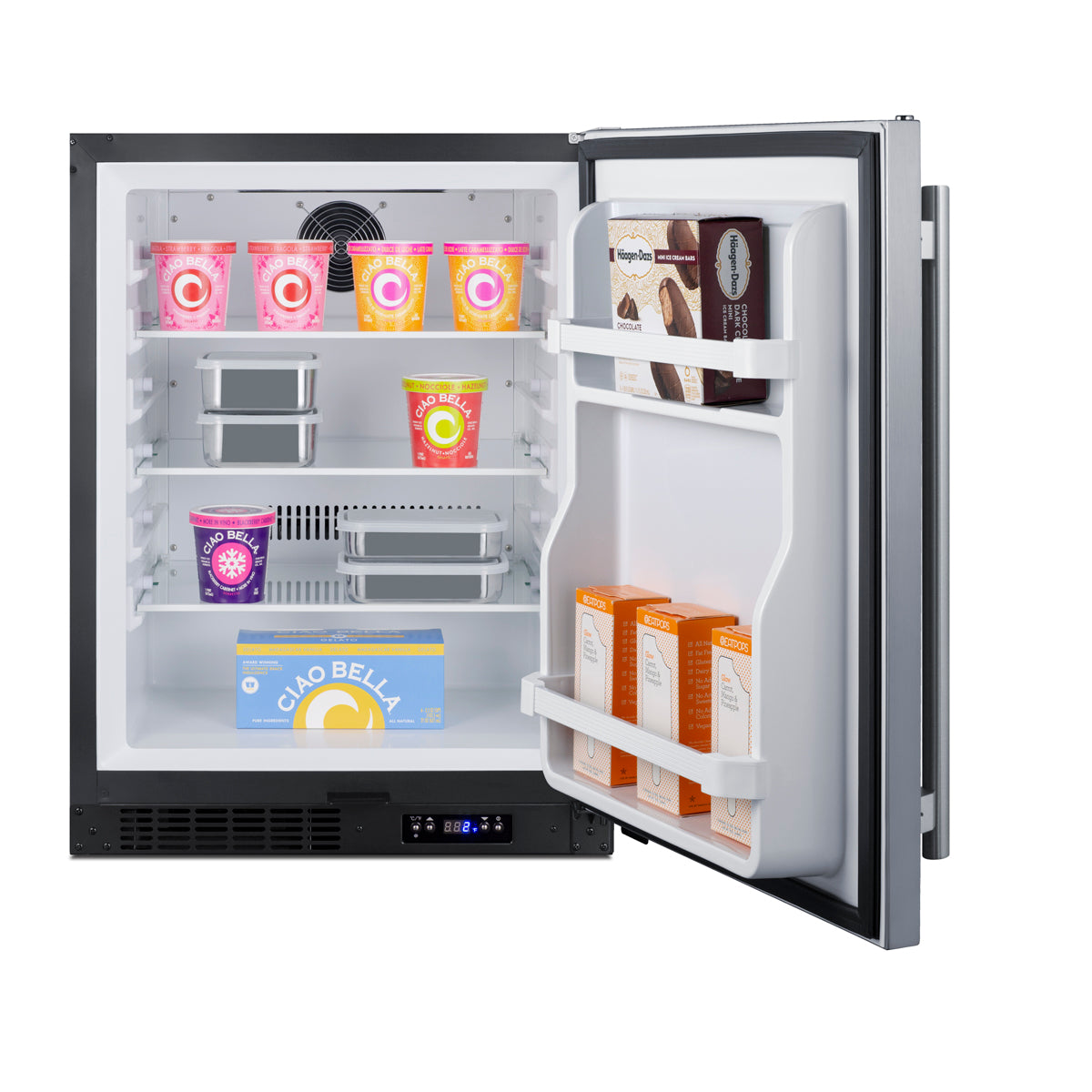 Compact built-in ADA compliant freezer with packaged frozen desserts and ice cream inside, stainless steel finish